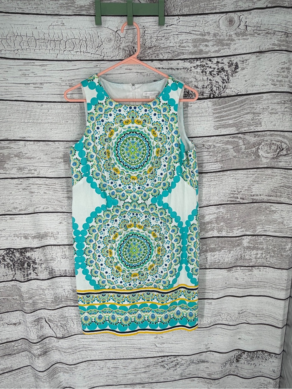 London Times Teal and Yellow Medallion Sheath Dress